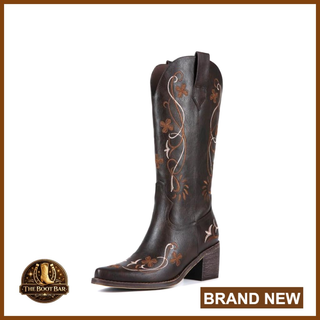Faux Leather Mid Calf Western Cowboy Boots Floral Embroidered Chunky Heel